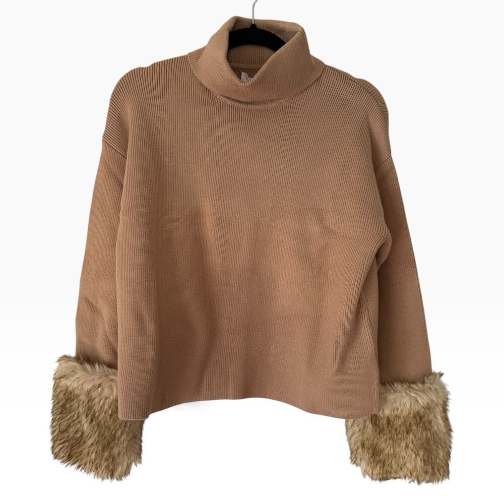 NWT WAYF Rebecca Turtleneck Sweater Fur Cuffs Size Medium Camel Brown